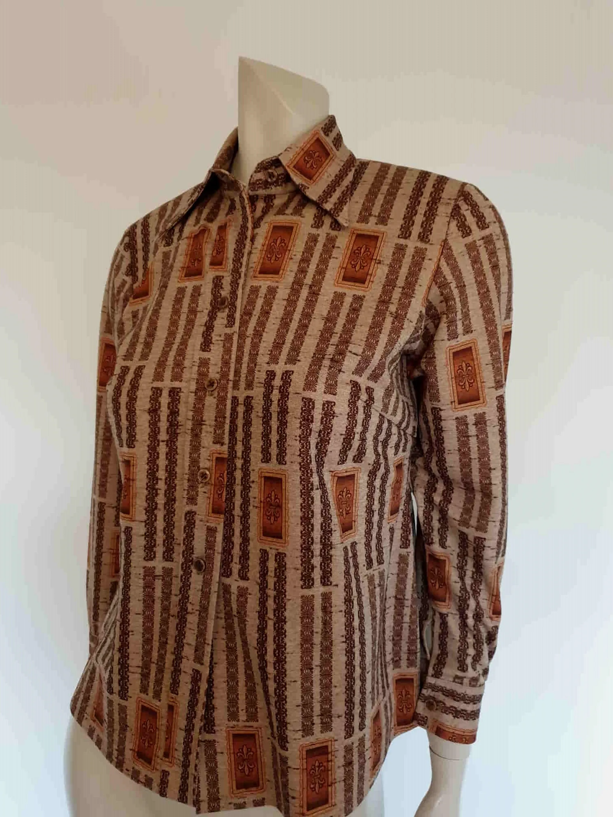1970s Brown Blouse With Fleur de Lys Print - M