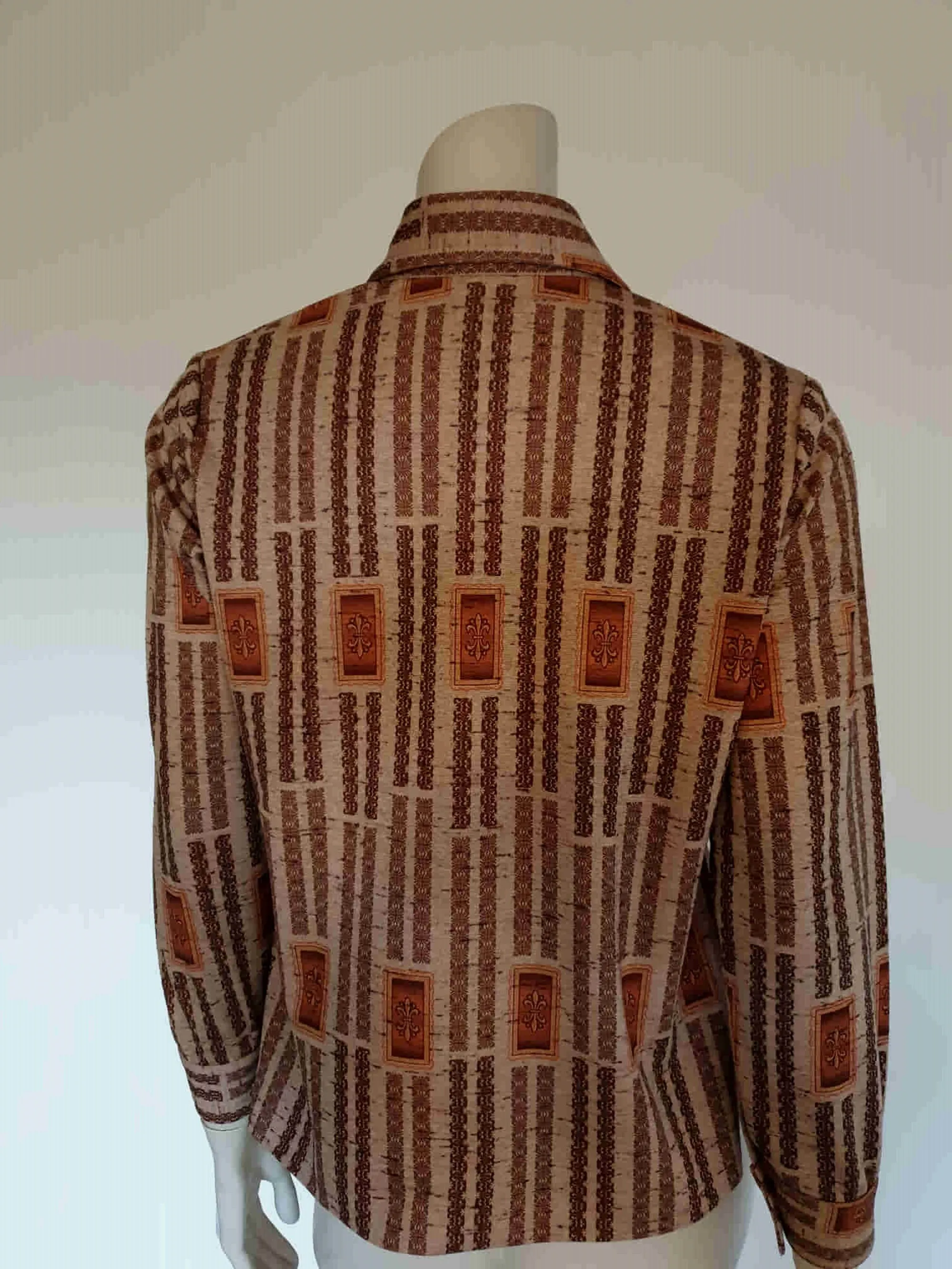 1970s Brown Blouse With Fleur de Lys Print - M