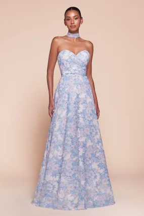 CASSIE GOWN - BLUE - STRAPLESS A-LINE FLORAL SATIN CHIFFON DRESS
