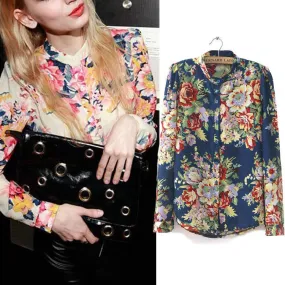 Hot Sale Fashion Vintage Floral Print Pattern Chiffon Blouse Women Long Sleeve Shirt Tops