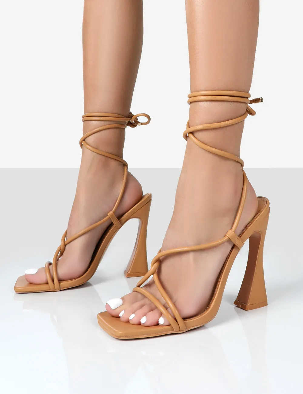 Lori Tan Strappy Lace Up Square Toe Flared Block Heels