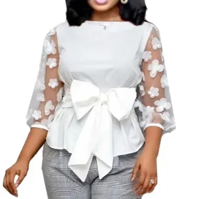 Office Ladies Summer White Work Blouse Plus Size Women Tops Shirt Mesh Flower Bow Tie Slim Elegant Fashion Female Bluas S3380308