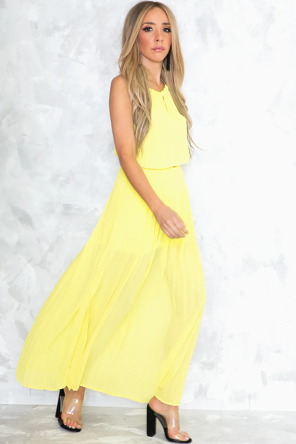 Pleated Slit Flowy Maxi Dress