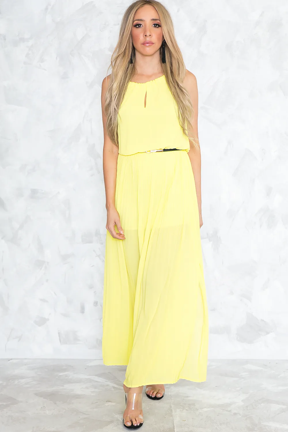Pleated Slit Flowy Maxi Dress