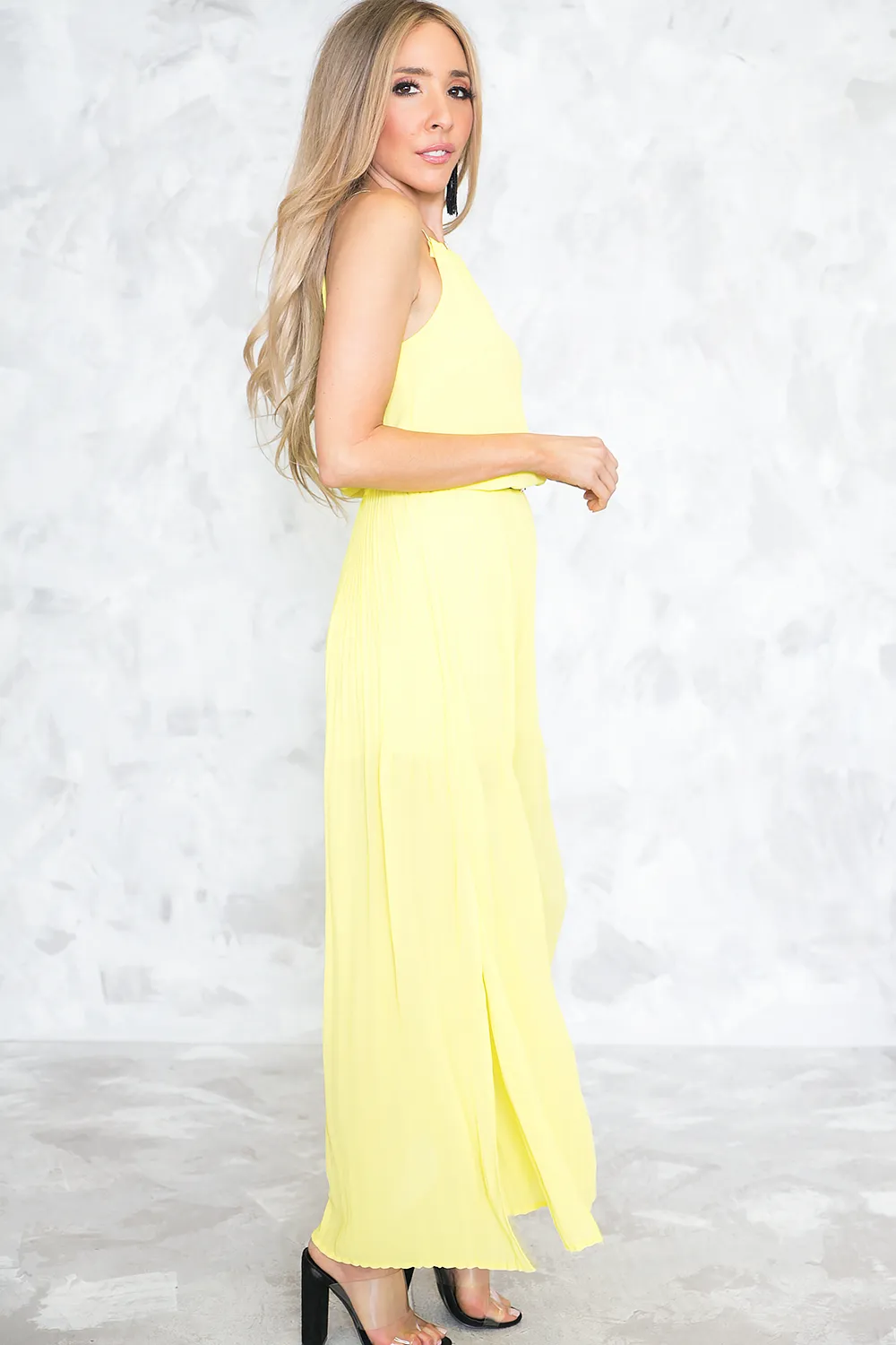 Pleated Slit Flowy Maxi Dress