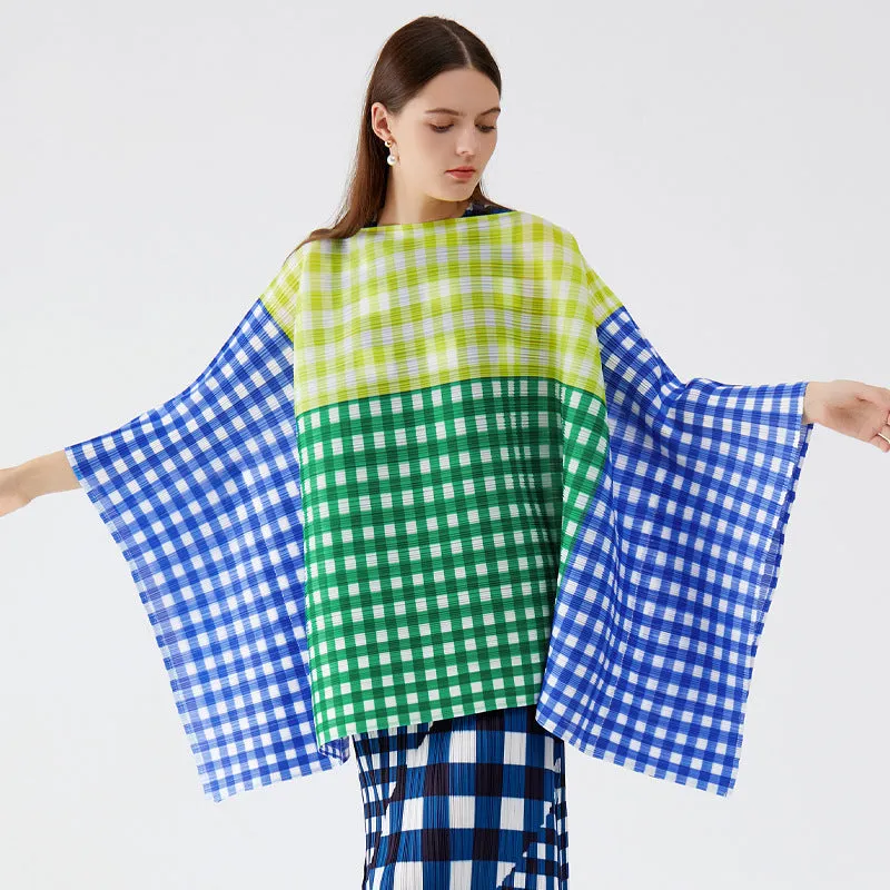 Stylish Gingham Colorblock Patchwork Batwing Top