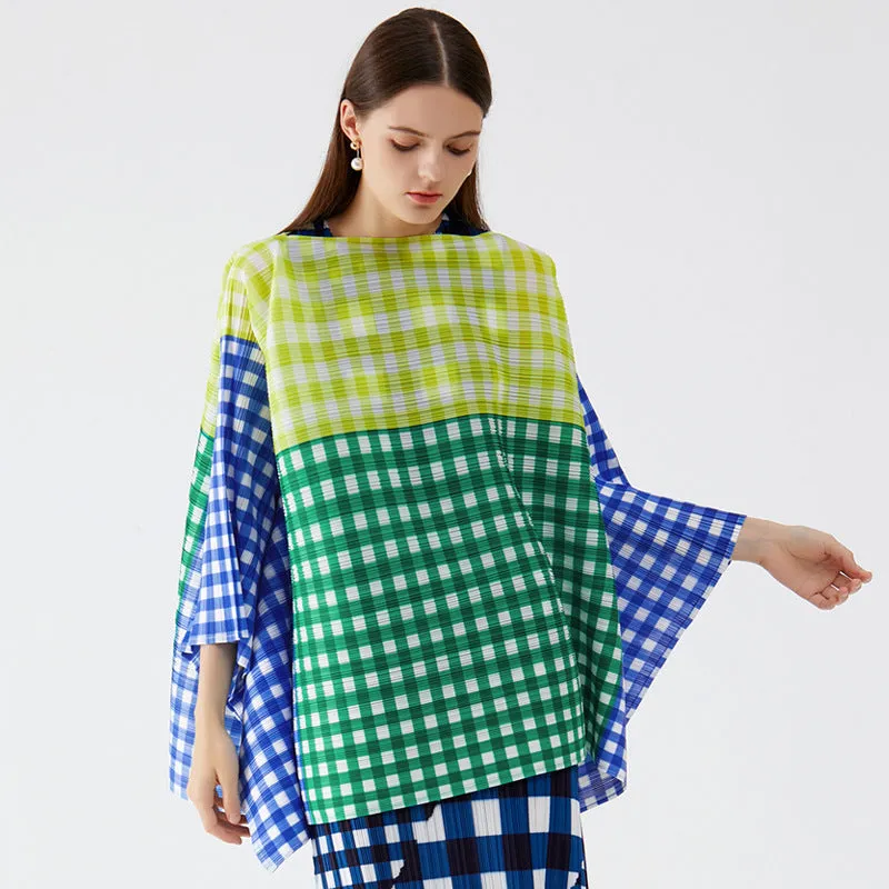 Stylish Gingham Colorblock Patchwork Batwing Top