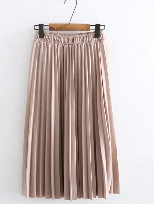 Summer Pleated Solid Linen Elastic Waist Vintage Elegant Office Midi Skirt