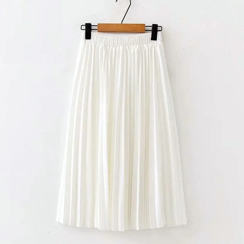 Summer Pleated Solid Linen Elastic Waist Vintage Elegant Office Midi Skirt