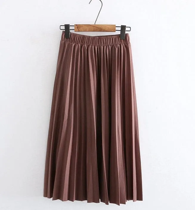 Summer Pleated Solid Linen Elastic Waist Vintage Elegant Office Midi Skirt