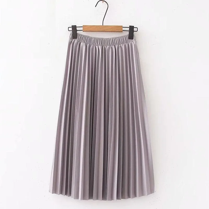 Summer Pleated Solid Linen Elastic Waist Vintage Elegant Office Midi Skirt