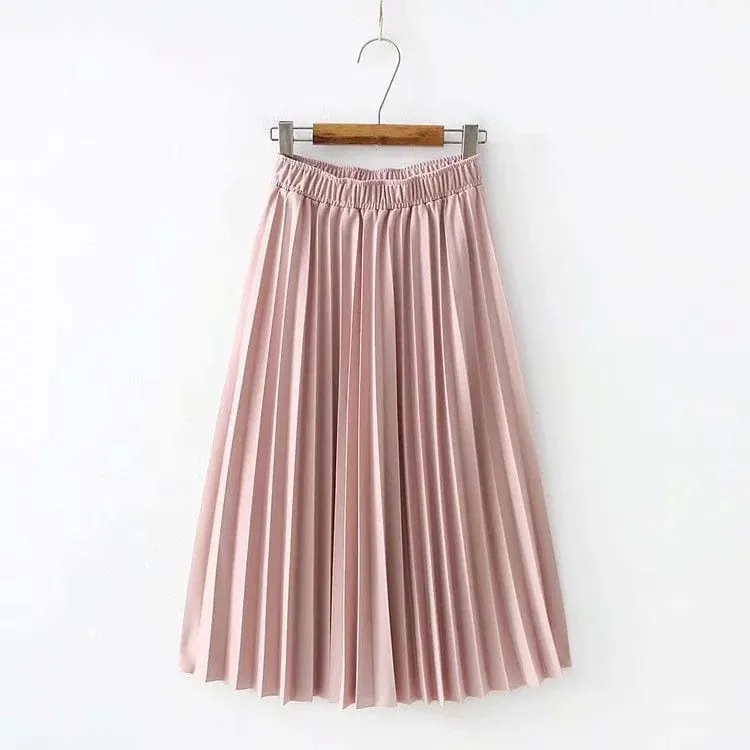 Summer Pleated Solid Linen Elastic Waist Vintage Elegant Office Midi Skirt