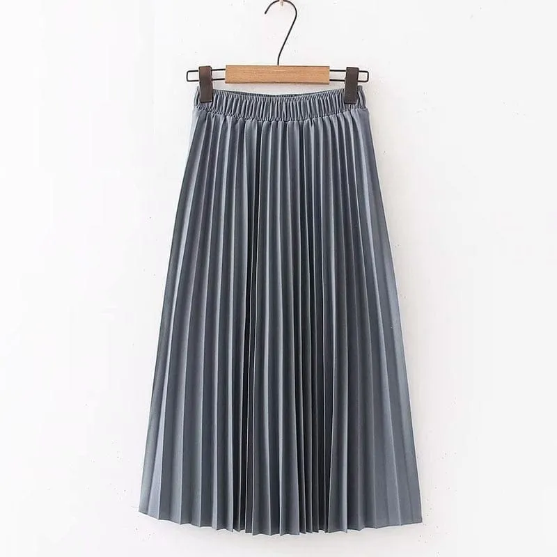 Summer Pleated Solid Linen Elastic Waist Vintage Elegant Office Midi Skirt
