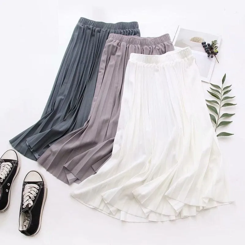 Summer Pleated Solid Linen Elastic Waist Vintage Elegant Office Midi Skirt