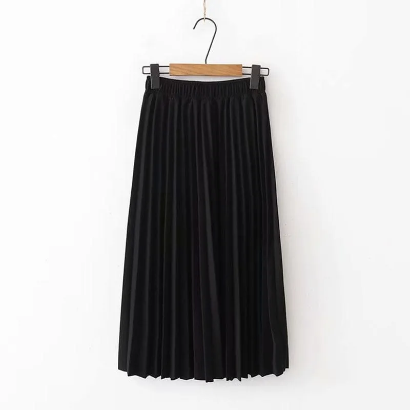 Summer Pleated Solid Linen Elastic Waist Vintage Elegant Office Midi Skirt