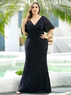 V Neck Flowy Sleeve Plus Size Fishtail Lace Party Dresses
