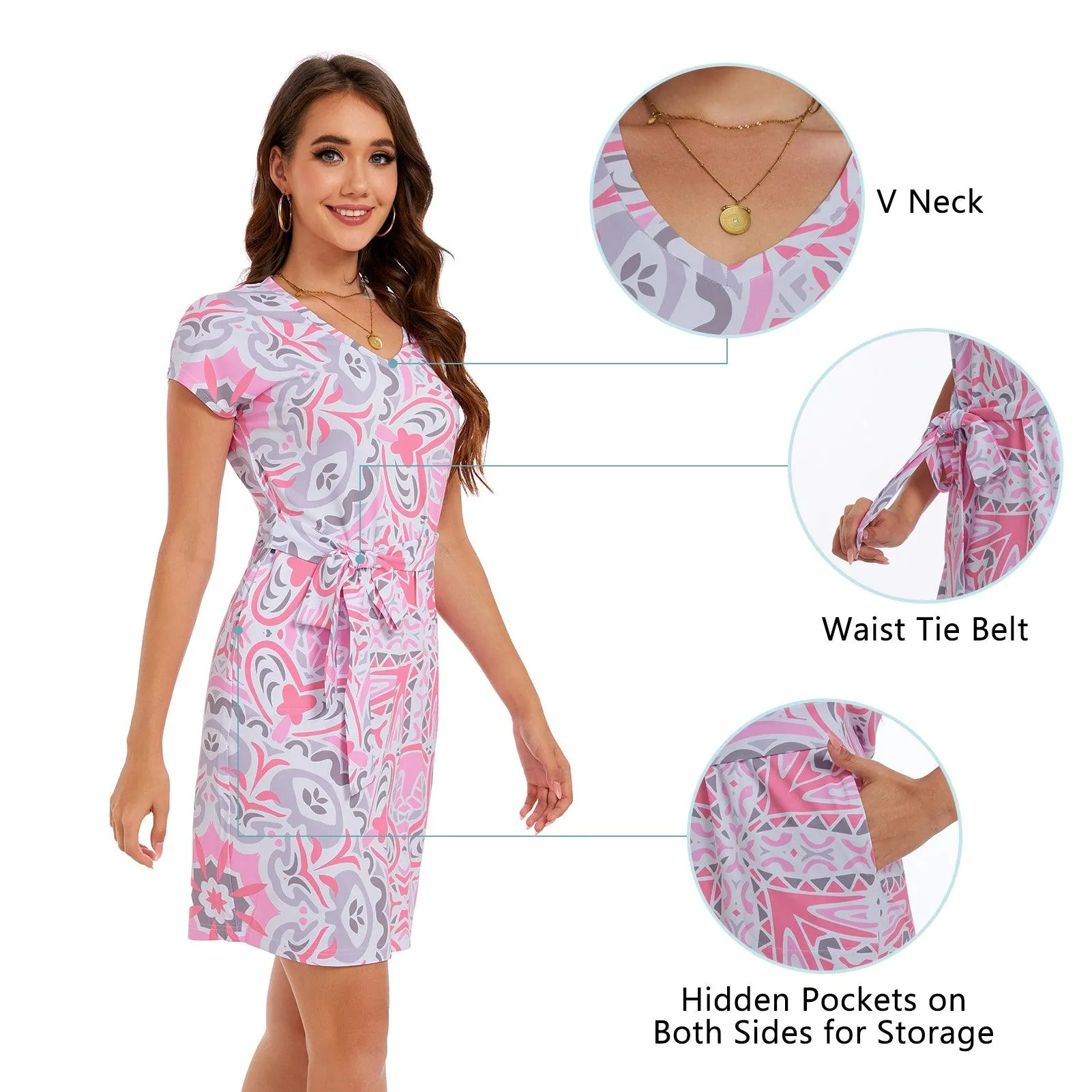 Women's UPF 50  Short Sleeve Tie Waist Dress LB13W