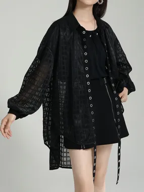 xakxx High-Low Long Sleeves Gauze See-Through Round-Neck Blouses&Shirts Tops