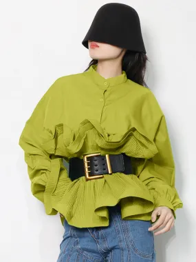 xakxx Stylish Loose Long Sleeves Buttoned Falbala Belted Solid Color Stand Collar Blouses&Shirts Tops